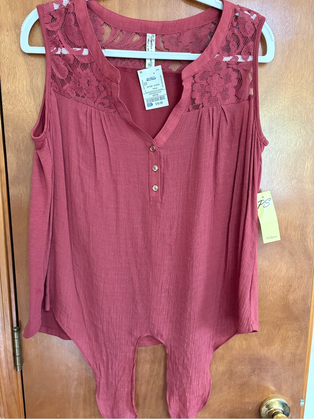 NWT Per Seption Concept Sleeveless Lace Yoke Tie-Front Blouse Blush Pink XL
